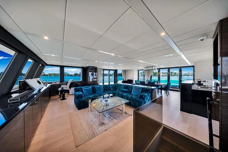Slide: The Image of Luxurious interior of 2018 Sunreef 68 Supreme yacht with elegant furnishings and panoramic windows. - 21