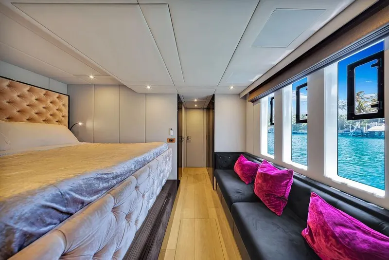 Slide: The Image of Luxurious interior of 2018 Sunreef 68 Supreme yacht with plush seating and scenic windows. - 29