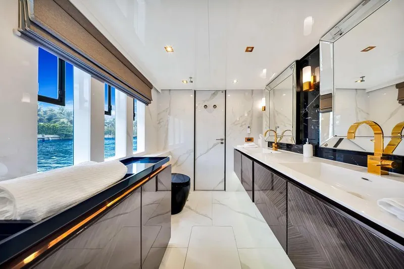 Slide: The Image of Luxurious bathroom interior of 2018 Sunreef 68 Supreme yacht with elegant fixtures and ocean view. - 35