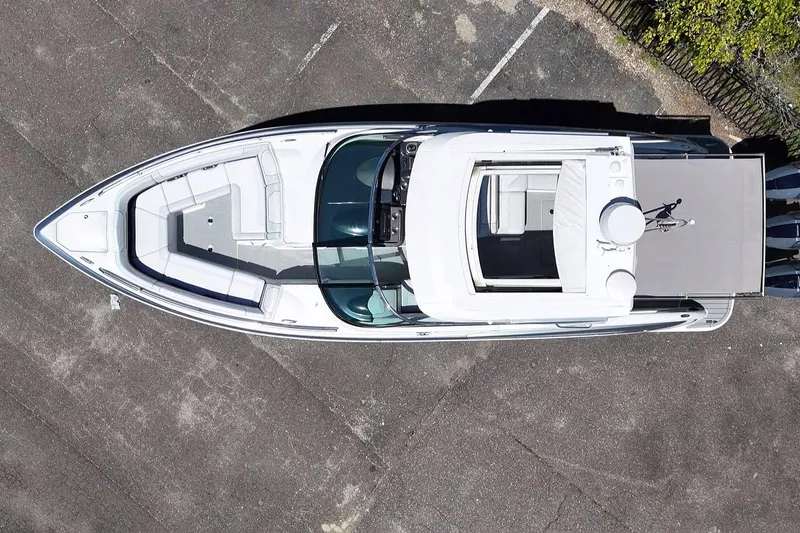 Slide: The Image of 2023 Formula 350 Crossover Bowrider OB, aerial view showcasing spacious seating and sleek design. - 11