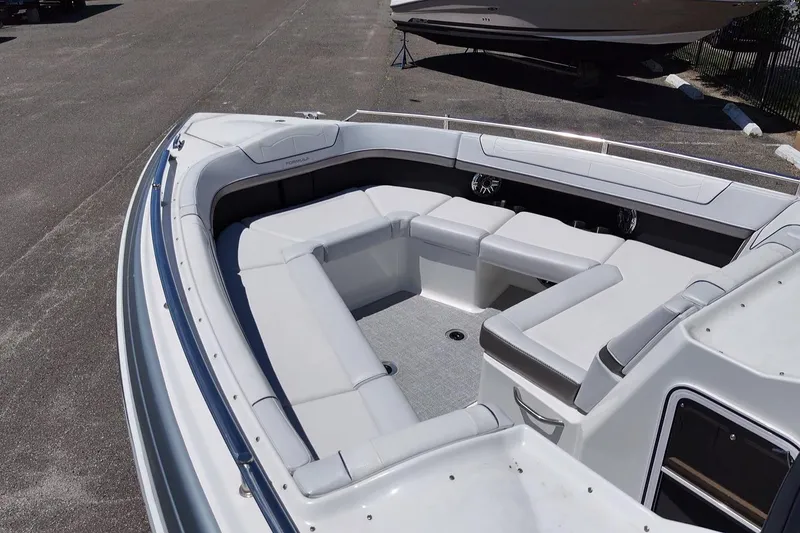 Slide: The Image of 2023 Formula 350 Crossover Bowrider OB with spacious seating and sleek design. - 34