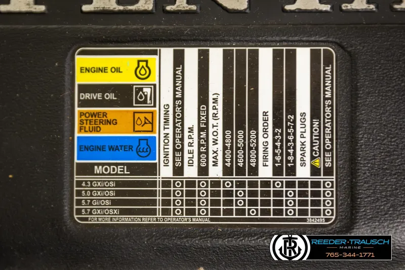 Slide: The Image of 2007 Glastron GXL 205 engine specifications label with fluid types and maintenance details. - 25