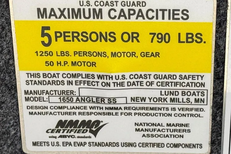 Slide: The Image of U.S. Coast Guard capacity label for 2025 Lund 1650 Angler SS boat, 5 persons or 790 lbs. - 23