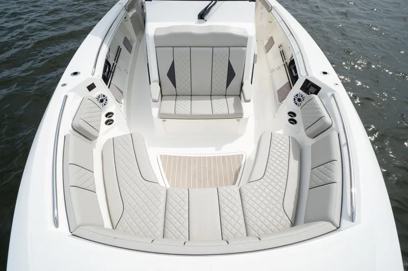 Slide: The Image of 2026 Pursuit S 358 Sport boat interior with luxurious seating and modern design. - 16