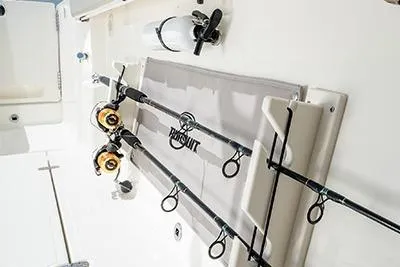 Slide: The Image of Fishing rods on a 2026 Pursuit S 358 Sport boat deck. - 9