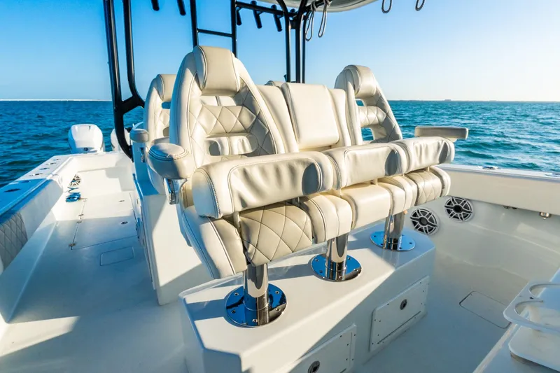 Slide: The Image of Luxurious seating on a 2022 Freeman 42LR boat, overlooking the ocean. - 35