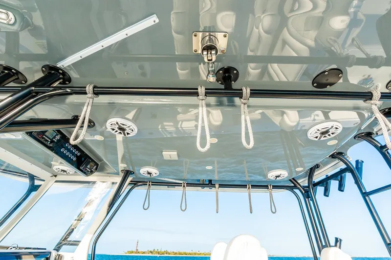 Slide: The Image of Interior view of a 2022 Freeman 42LR boat, showcasing ceiling design and equipment. - 41