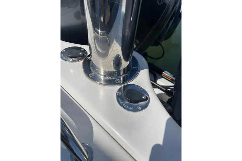 Slide: The Image of Close-up of 2006 Protector Targa 28 boat fittings and hardware. - 59