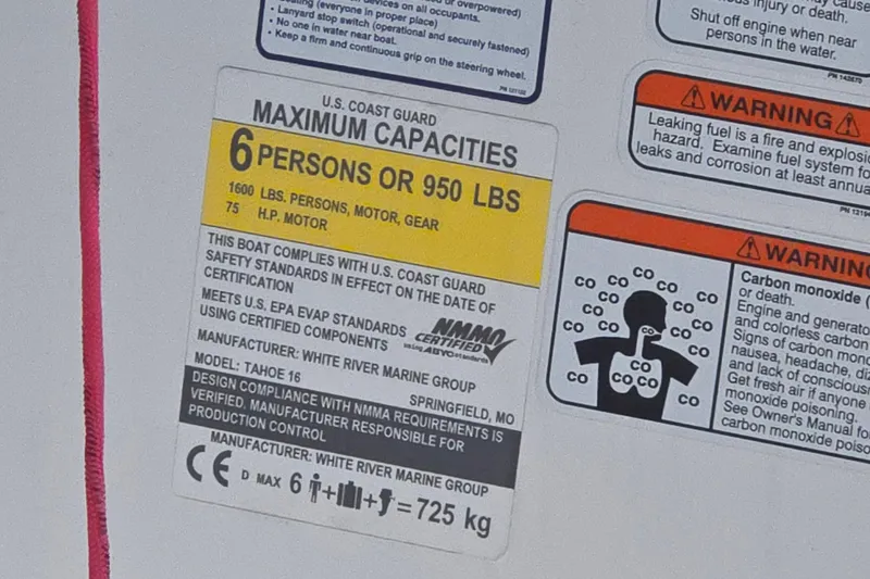 Slide: The Image of 2022 Tahoe T16 capacity label: 6 persons, 950 lbs, 75 HP motor, safety warnings included. - 11