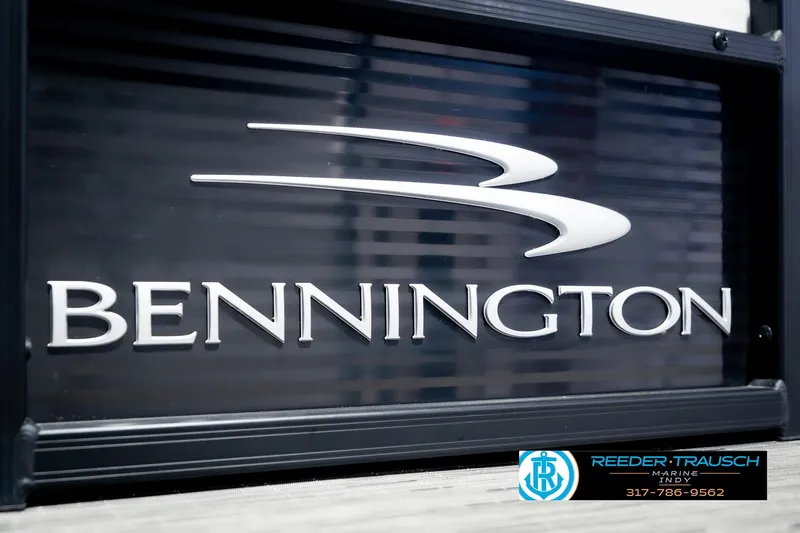 Slide: The Image of Bennington 23 LTSB 2022 logo on a sleek black background, featuring dealership contact details. - 64