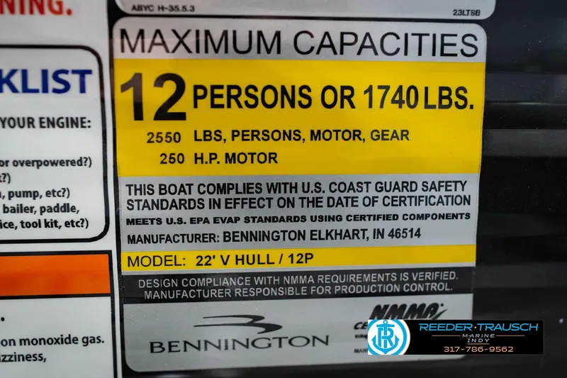 Slide: The Image of 2022 Bennington 23 LTSB capacity label: 12 persons, 1740 lbs, 250 HP motor. - 71