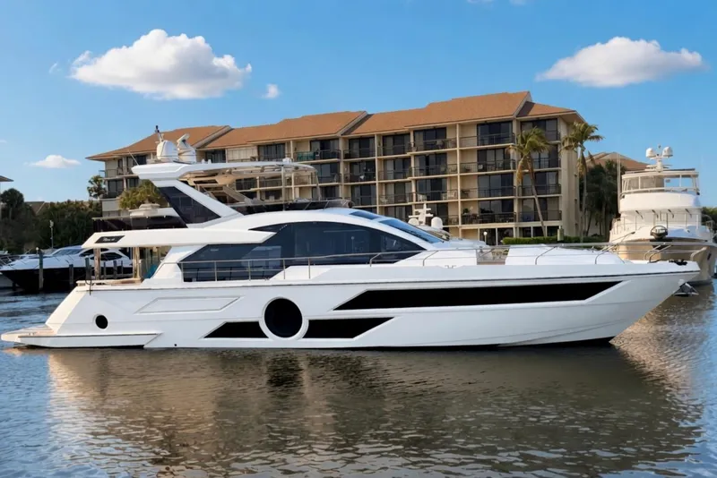 The Image of 2024 Aicon 66 Vivere yacht docked near waterfront buildings under a clear blue sky. - 0