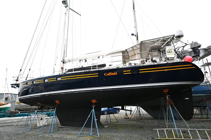 Slide: The Image of Sailboat "Callisti" on stands, Waterline 50 model, 2006, in a boatyard. - 109