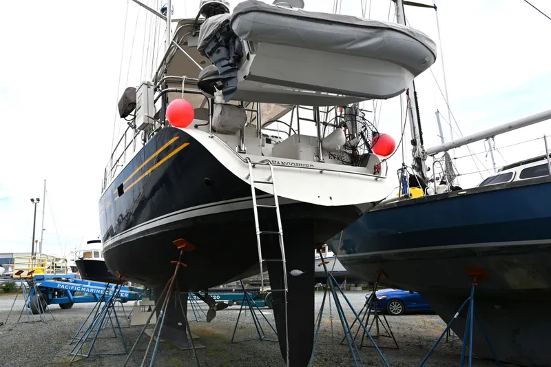 Slide: The Image of Sailboat on stands in a boatyard, Waterline 50 model, 2006. - 110