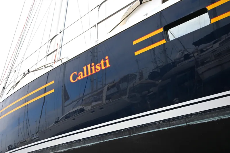 Slide: The Image of Sailboat "Callisti" with sleek design, Waterline 50 model, 2006, docked at marina. - 112