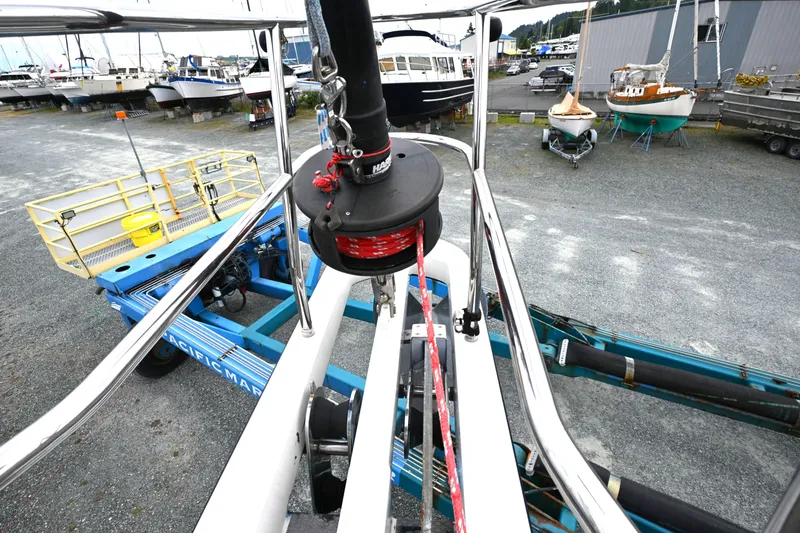 Slide: The Image of Aerial view of a 2006 Waterline 50 sailboat on a trailer in a boatyard. - 14