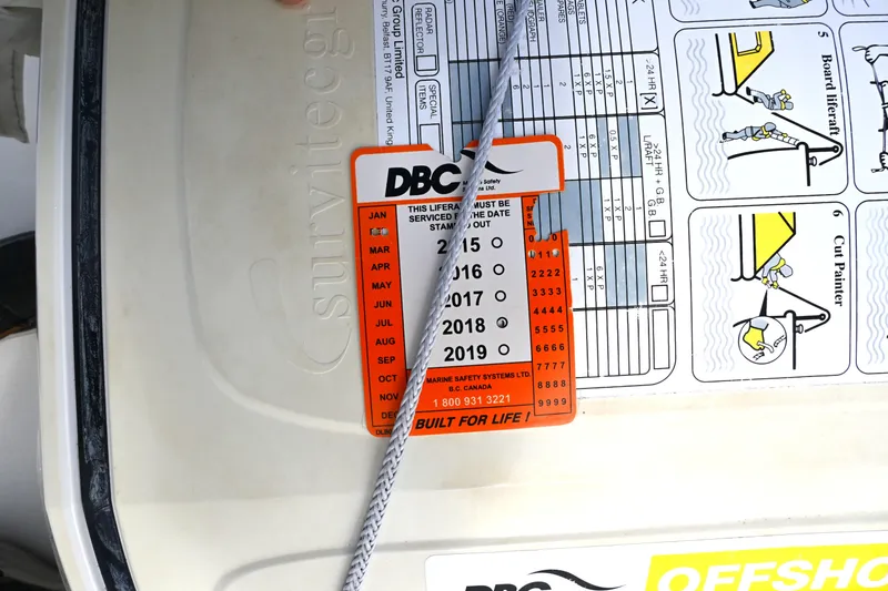 Slide: The Image of Safety inspection tag on a Waterline 50 liferaft, showing service dates from 2015 to 2019. - 18