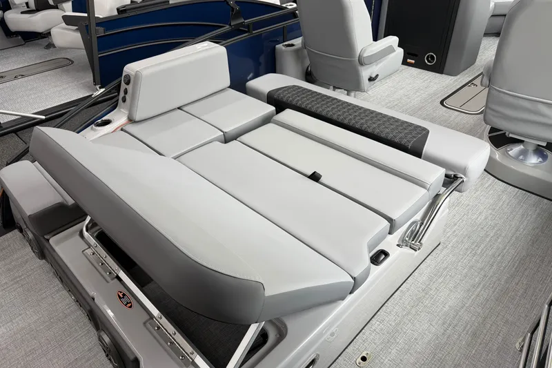 Slide: The Image of 2026 Harris Solstice 230 SLDH boat interior with adjustable seating and modern design. - 11