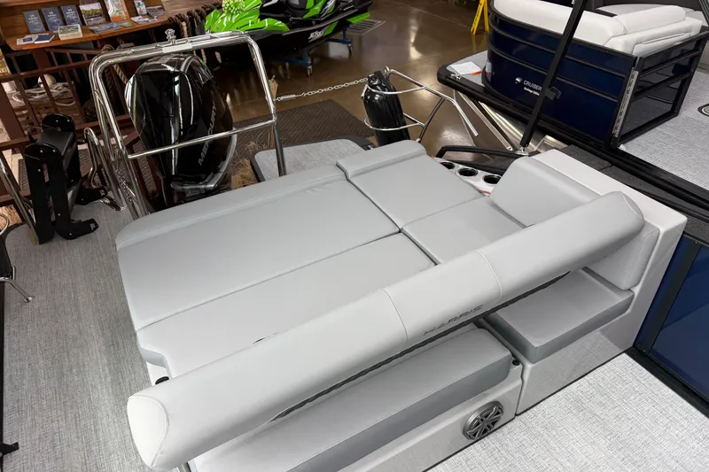Slide: The Image of 2026 Harris Solstice 230 SLDH pontoon boat with sleek seating and modern design. - 9