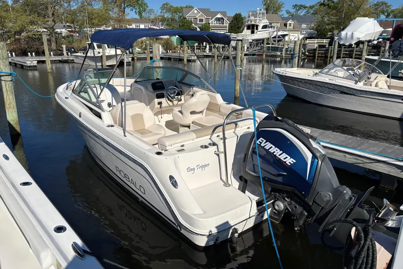 Slide: The Image of 2017 Robalo R227 Dual Console boat docked with Evinrude engine, marina background. - 2