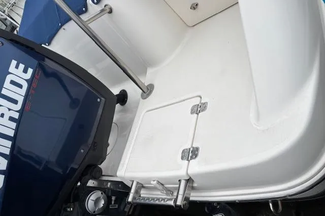 Slide: The Image of 2017 Robalo R227 Dual Console boat with Evinrude engine, featuring a swim platform and ladder. - 6
