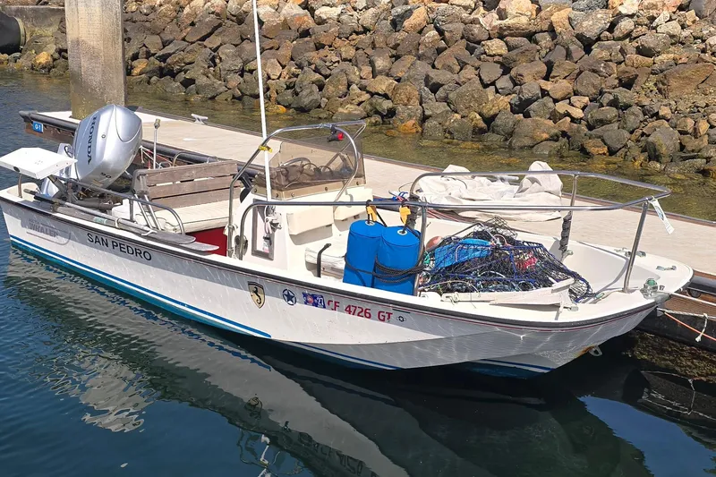 The Image of 1993 Boston Whaler 17 Montauk boat docked with fishing gear and Honda outboard motor. - 1