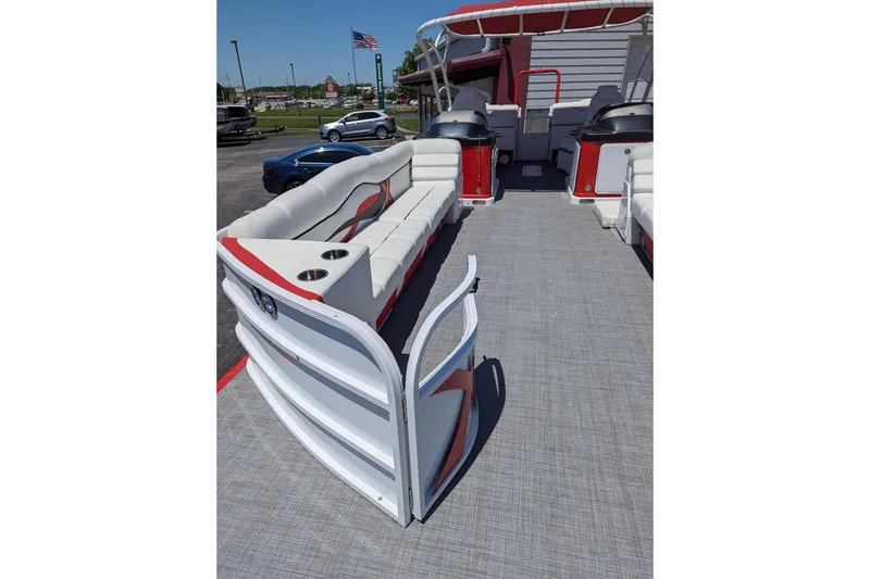 Slide: The Image of 2025 PlayCraft 3000 XTREME pontoon boat with spacious seating and modern design. - 10