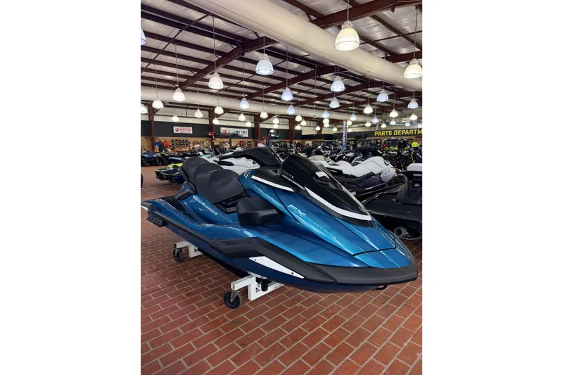 The Image of 2026 Yamaha WaveRunner FX Cruiser SVHO in showroom, blue color, displayed on brick floor. - 0