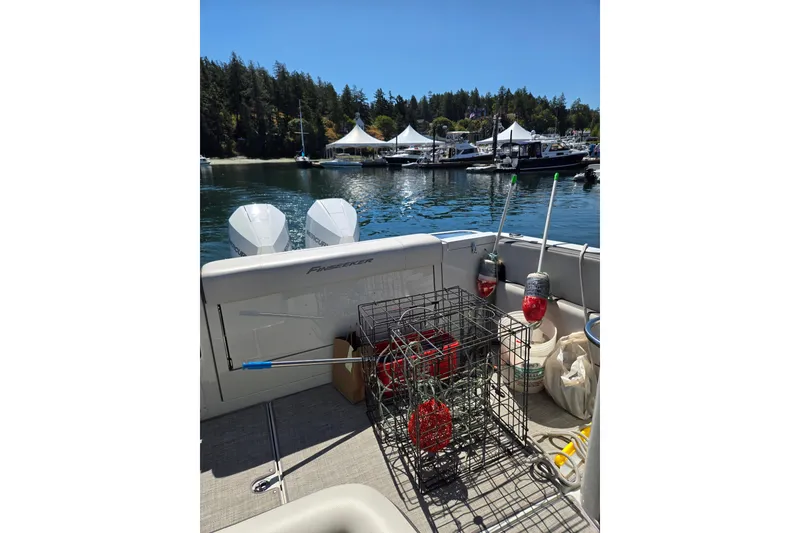 Slide: The Image of 2022 Finseeker 280 DC boat with fishing gear, docked near scenic marina. - 12