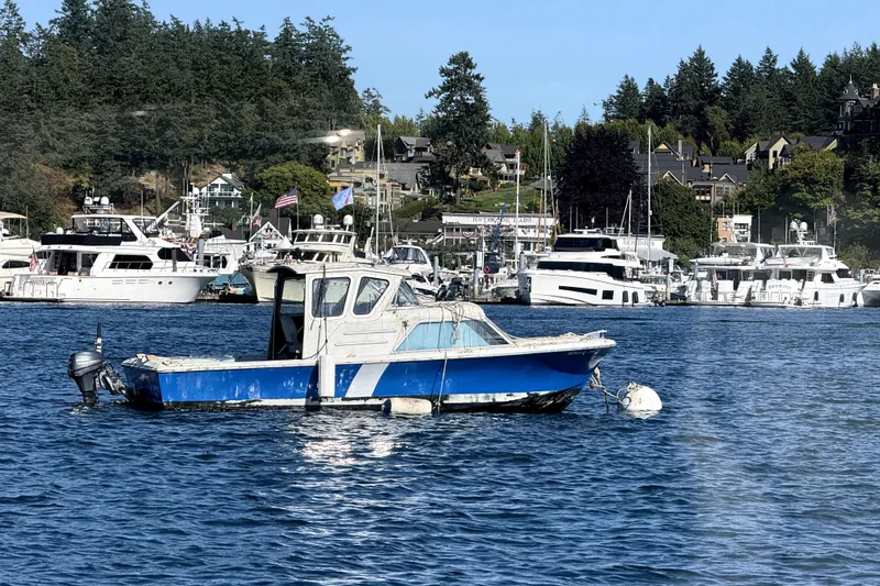 Slide: The Image of A weathered blue boat floats in a marina with yachts and trees in the background. - 2
