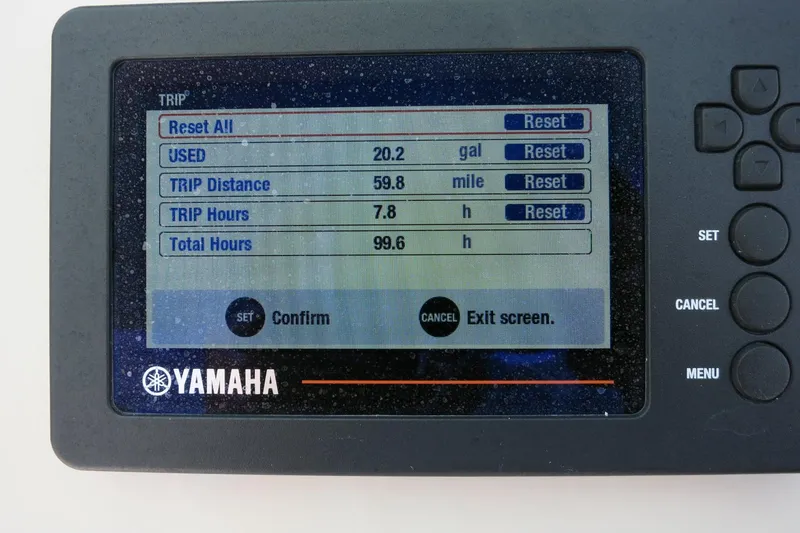 Slide: The Image of Yamaha display showing trip data for 2018 Robalo R247 Dual Console boat. - 25