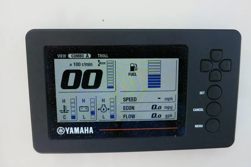 Slide: The Image of Yamaha digital display on 2018 Robalo R247 Dual Console boat, showing fuel and engine metrics. - 27