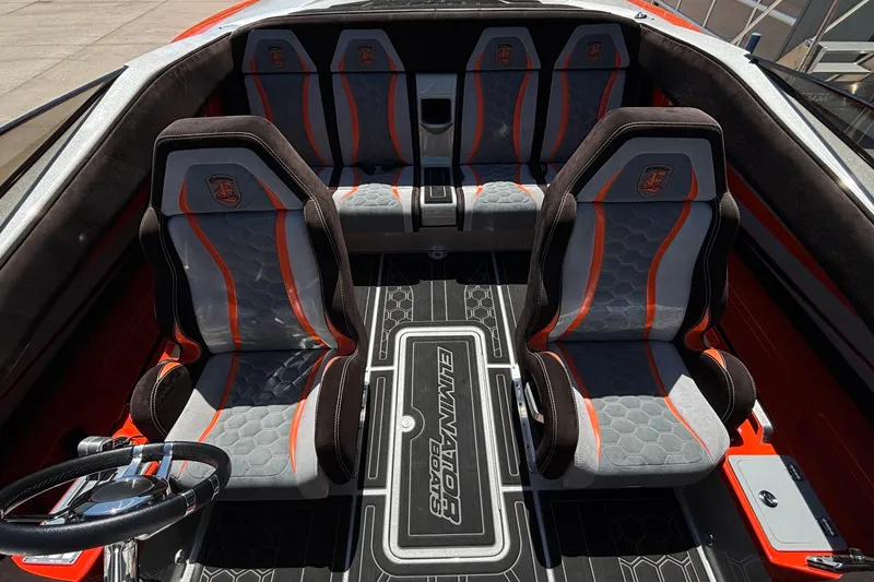 Slide: The Image of Interior of 2020 Eliminator 36 Daytona Coupe with stylish seating and sleek design. - 28