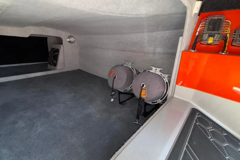 Slide: The Image of Interior of 2020 Eliminator 36 Daytona Coupe showing storage and equipment setup. - 43