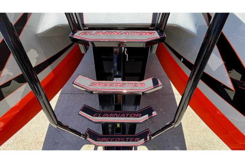 Slide: The Image of 2020 Eliminator 36 Daytona Coupe boat steps with "Eliminator" and "Speedster" branding. - 5