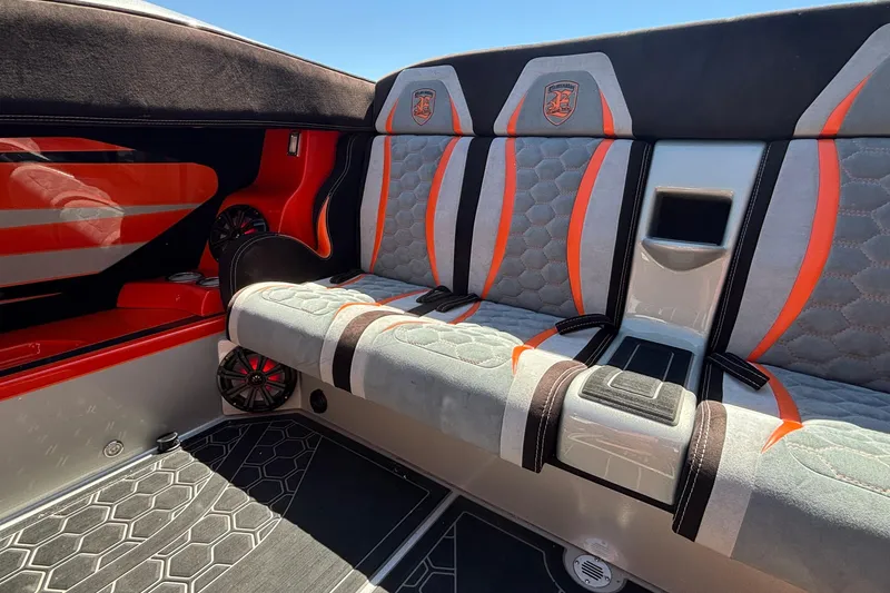 Slide: The Image of 2020 Eliminator 36 Daytona Coupe interior with stylish gray and orange seating and modern design. - 55