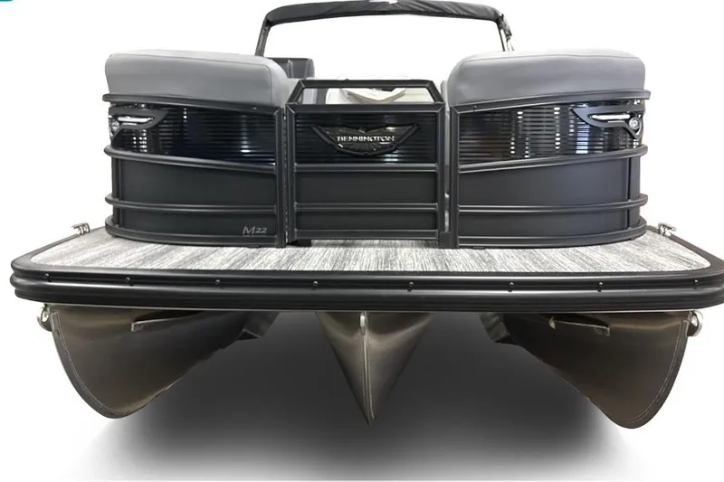 Slide: The Image of 2026 Bennington 22 M Swingback pontoon boat, rear view, showcasing sleek design and dual pontoons. - 3