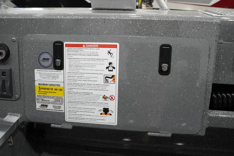 Slide: The Image of Safety warning labels on 2026 Thunder Jet 209 Rush OT boat, detailing capacity and precautions. - 47