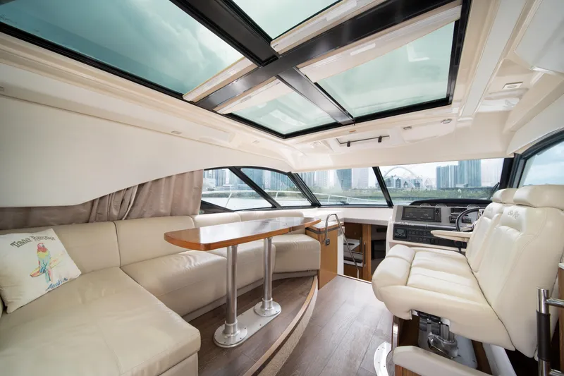 Slide: The Image of Luxurious interior of 2017 Sea Ray Sundancer 510 yacht with panoramic windows and plush seating. - 25