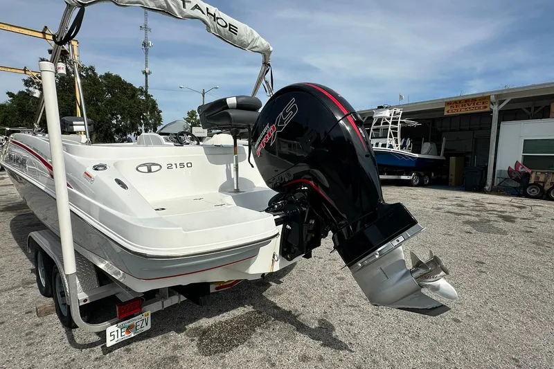 Slide: The Image of 2021 Tahoe 2150 boat with powerful outboard motor on trailer. - 29