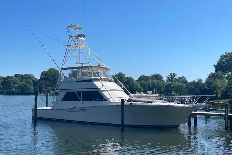 The Image of 1990 Viking 53 Convertible yacht docked on a serene lake under a clear blue sky. - 0