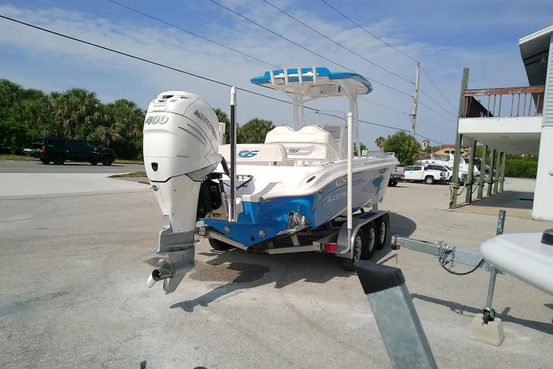 Slide: The Image of 2022 Glasstream 280 Pro-XS boat on trailer with powerful Mercury 400 outboard engine. - 5