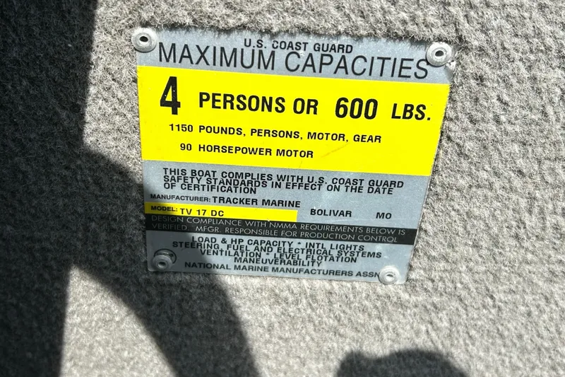 Slide: The Image of 1996 Tracker Tournament V-17 capacity label: 4 persons, 600 lbs, 90 horsepower motor. - 16