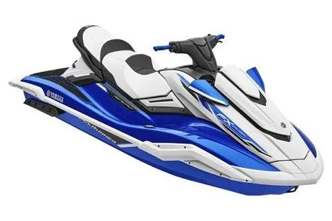 Slide: The Image of 2021 Yamaha WaveRunner FX Cruiser HO, blue and white jet ski, side view. - 3