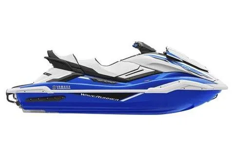 Slide: The Image of 2021 Yamaha WaveRunner FX Cruiser HO, blue and white jet ski, side view. - 4