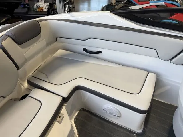 Slide: The Image of Interior of Yamaha SX190 boat, 2026 model, featuring sleek seating. - 11