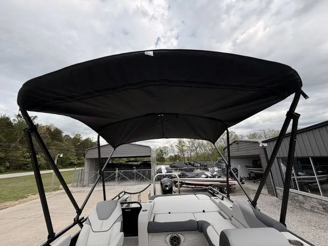 Slide: The Image of Avalon Venture 85 pontoon boat with canopy, 2026 model. - 10