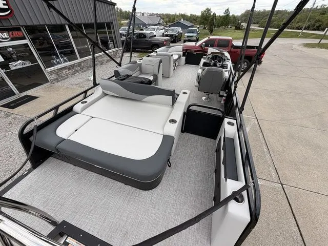 Slide: The Image of 2026 Avalon Venture 85 pontoon boat with versatile rear bench. - 3