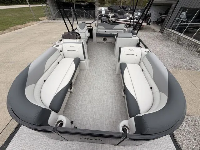 Slide: The Image of Interior view of Avalon Venture 85 Versatile Rear Bench 2026 pontoon boat. - 9