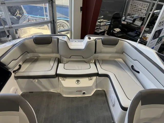 Slide: The Image of Interior of 2026 Yamaha SX190 boat with gray and white seating. - 7